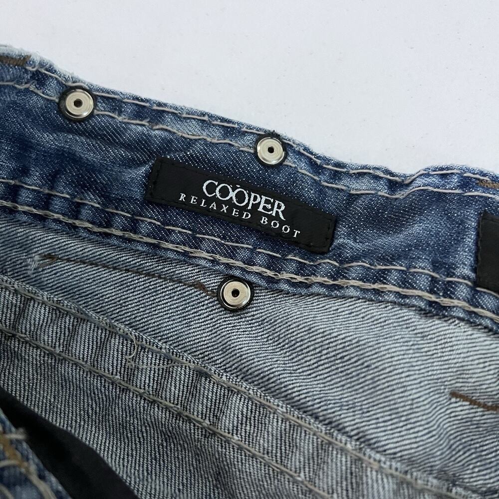 Affliction Mens Jeans Cooper 32 Long Relaxed Boot Cross Patches Blue Wash Y2K LA - Picture 13 of 14